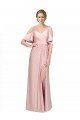 Draped Cold Shoulder Sleeves Long Silky Satin Evening Dress with Slit and Tie Back