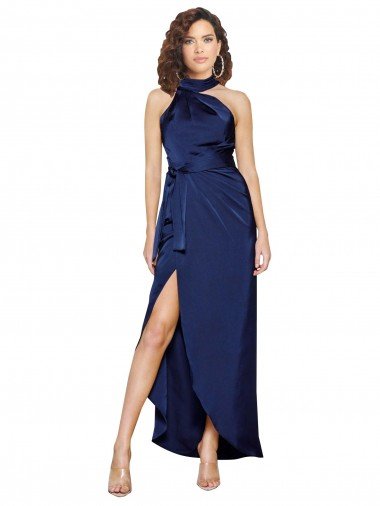 Full Length High Neck Wrap Silky Satin Evening Dress with Waist Tie UK