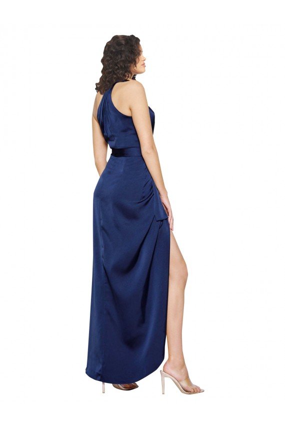 Full Length High Neck Wrap Silky Satin Evening Dress with Waist Tie
