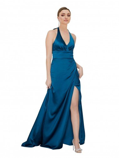 Halter Neck Silky Satin Evening Dress UK