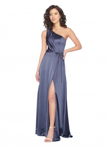 Draped Silky Satin Evening Dress with Tied Waist UK
