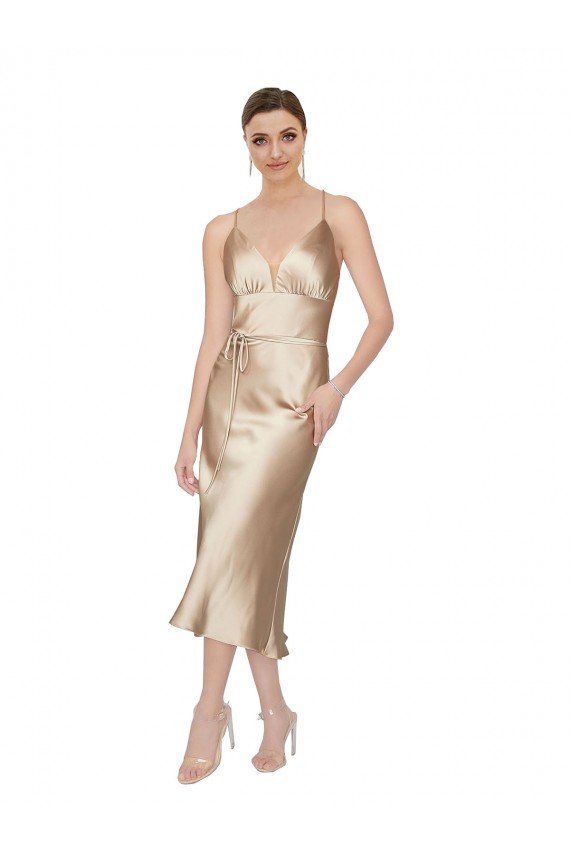 Empire Waist Silky Satin Midi Length Cocktail Evening Dress