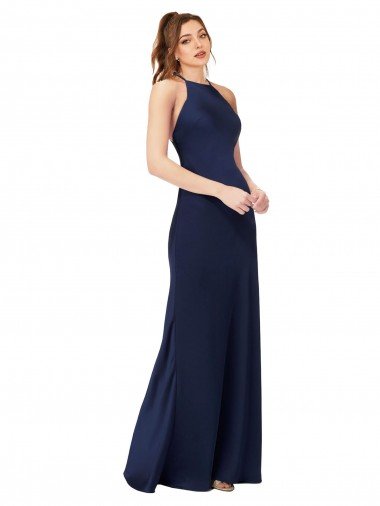High Neck Satin Evening Dress with Strappy Back UK