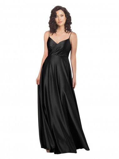 Full Length V-Neckline Silky Satin Evening Dress with Full Skirt UK