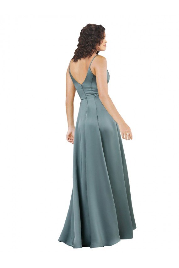 Silky Satin Floor-Length Long Evening Dress with V-Neckline