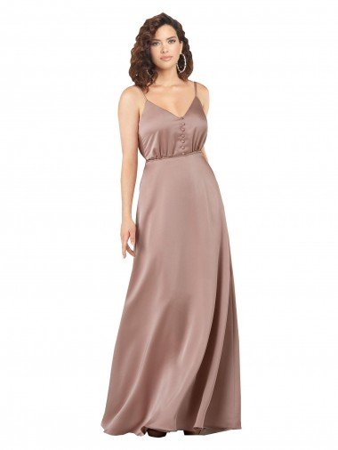 Subtle V-Neckline Silky Satin Evening Dress with Front Button Detail UK