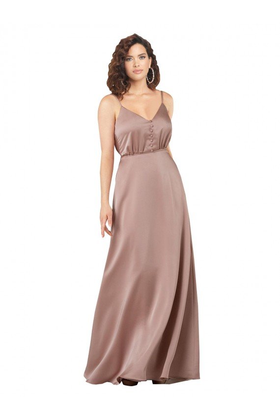 Subtle V-Neckline Silky Satin Evening Dress with Front Button Detail