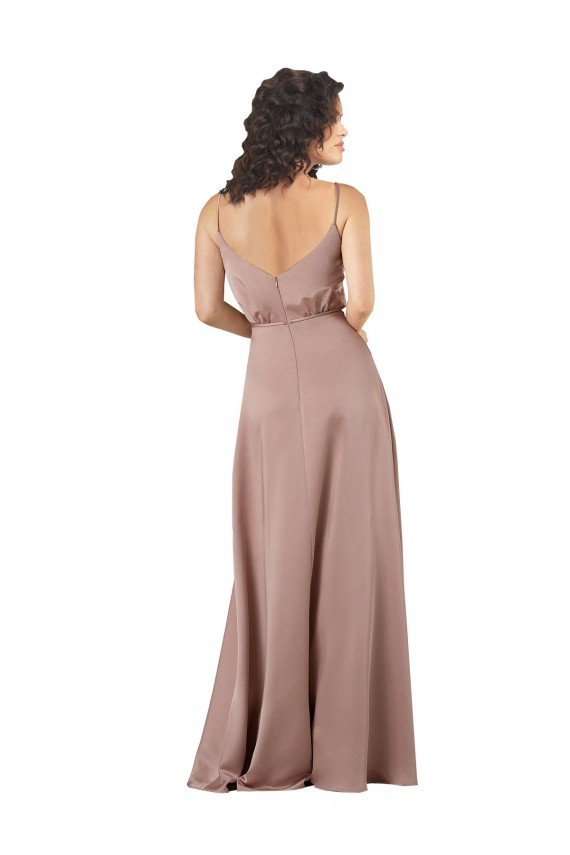Subtle V-Neckline Silky Satin Evening Dress with Front Button Detail
