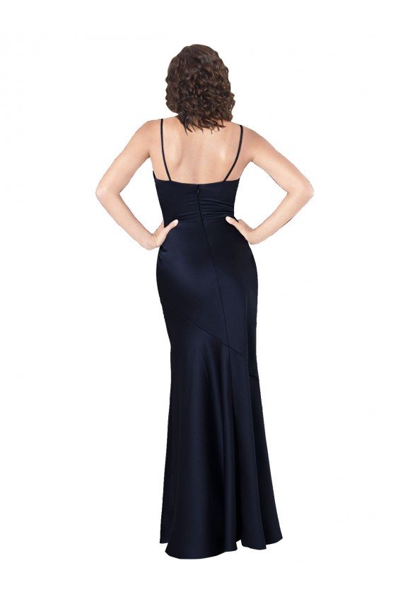 Draped Cowl Neck Silky Satin Evening Dress with Skirt Slit