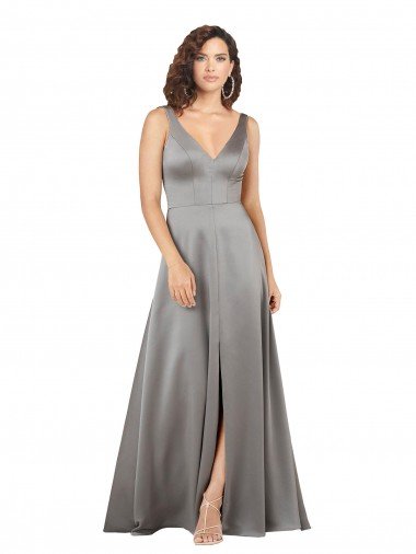 Plunging V-Neckline Long A-Line Silky Satin Evening Dress UK