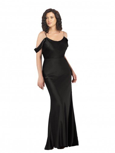 Off the Shoulder Sleeves Silky Satin Evening Dress with Skirt Slit UK