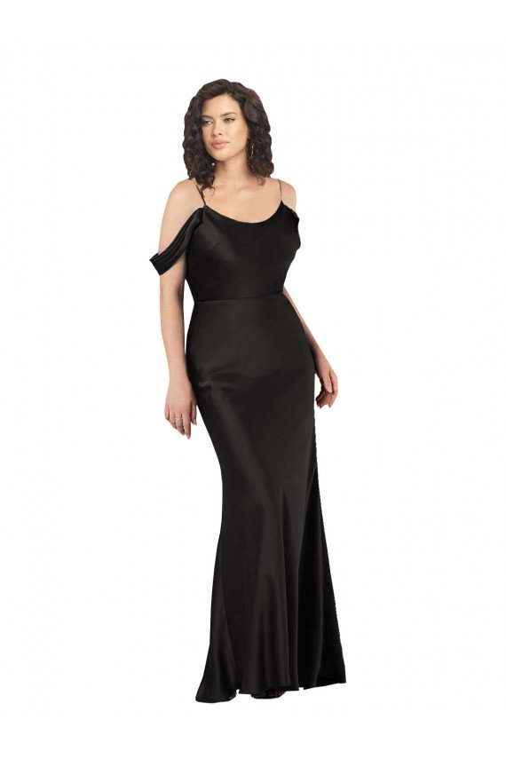 Off the Shoulder Sleeves Silky Satin Evening Dress with Skirt Slit