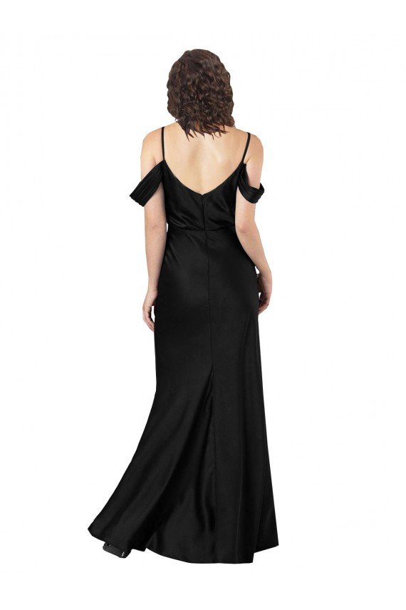Off the Shoulder Sleeves Silky Satin Evening Dress with Skirt Slit
