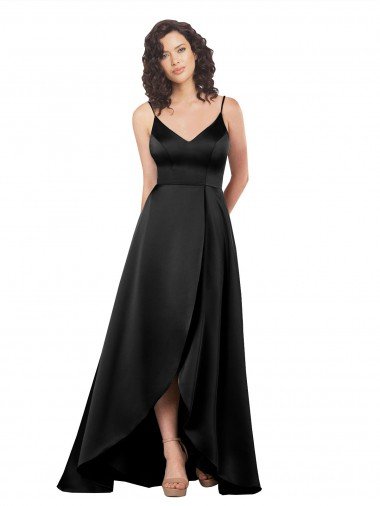 High Low V-Neckline Silky Satin Tulip Evening Dress with Wrap Skirt UK