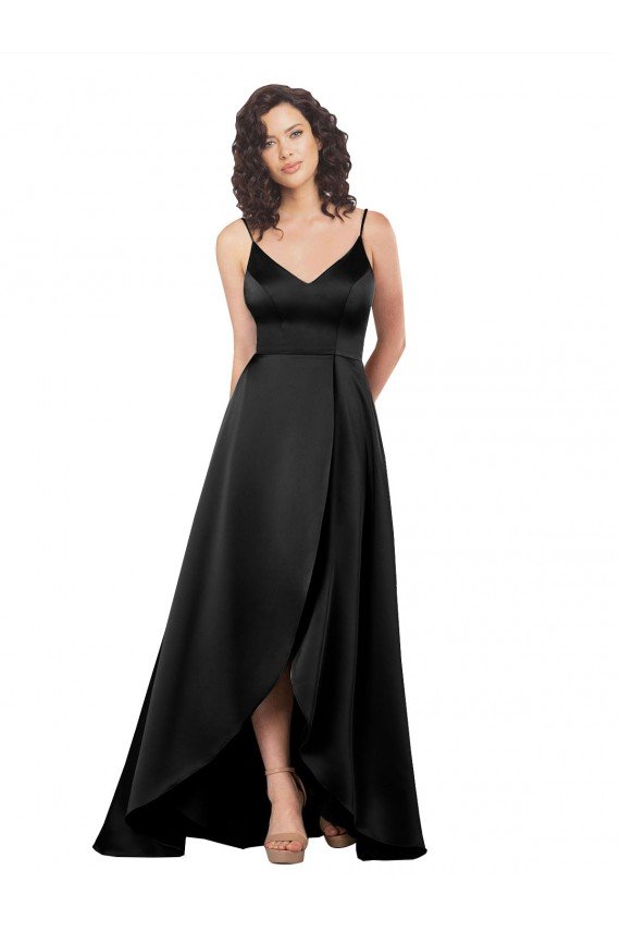 High Low V-Neckline Silky Satin Tulip Evening Dress with Wrap Skirt