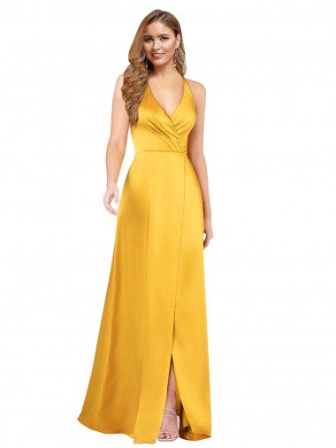 Halter A-Line Silky Satin Evening Dress with V-Neckline and Slit UK
