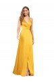 Halter A-Line Silky Satin Evening Dress with V-Neckline and Slit