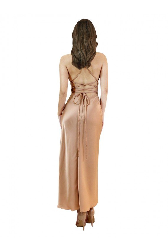 Cowl Neck Silky Satin Midi Length Cocktail Evening Dress Low Back