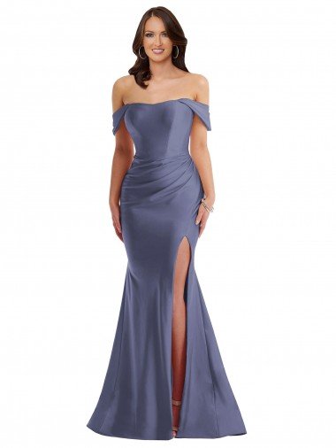 Off the Shoulder Corset Silky Satin Mermaid Evening Dress with Side Slit UK