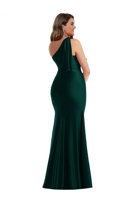 Cascading Bow One Shoulder Silky Satin Mermaid Evening Dress with Front Slit