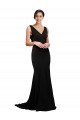 V-Neck Full Length Silky Satin Evening Dress with Soft Cowl Neck and Sweep Train