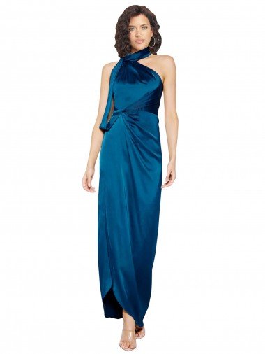 High Halter Neck Silky Satin Evening Dress with Sash Overlay and Side Split UK