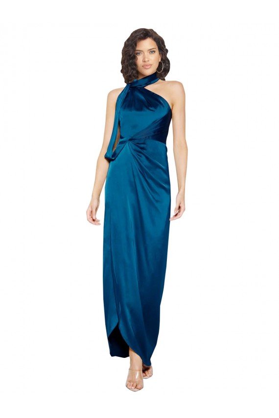 High Halter Neck Silky Satin Evening Dress with Sash Overlay and Side Split