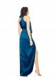 High Halter Neck Silky Satin Evening Dress with Sash Overlay and Side Split