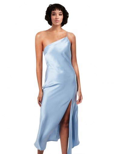 Midi Length Short Silky Satin Cocktail Evening Dress with Asymmetric Neckline and High Side Split UK