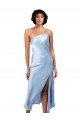 Midi Length Short Silky Satin Cocktail Evening Dress with Asymmetric Neckline and High Side Split