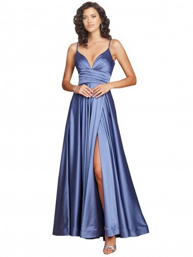 Deep V-Neck Sweetheart Long Silky Satin Evening Dress with Thigh High Slit UK