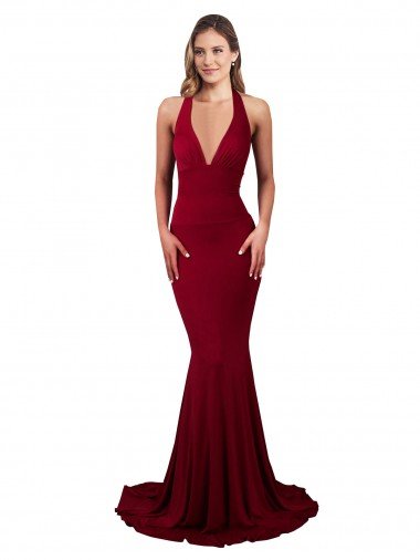 Halter Mermaid Plunge V-Neckline Open Back Bow Tie Spandex Evening Dress UK