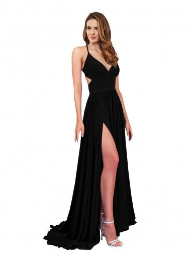 High Slit Open Back Long Spandex Evening Dress with Lined Crossover Bust UK