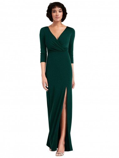 Floor Length 3/4 Sleeves V-Back Draped Wrap Maxi Spandex Evening Dress UK