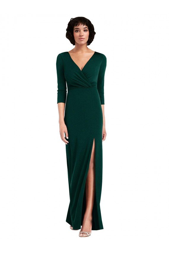Floor Length 3/4 Sleeves V-Back Draped Wrap Maxi Spandex Evening Dress
