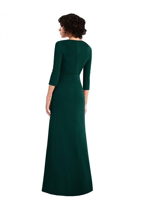 Floor Length 3/4 Sleeves V-Back Draped Wrap Maxi Spandex Evening Dress