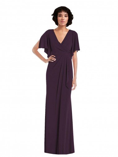Faux Wrap Split Sleeves Maxi Spandex Evening Dress with Cascade Skirt UK