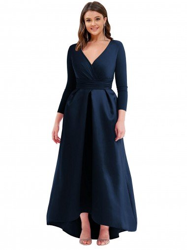 Long Sleeves Wrapped Spandex Evening Dress with High Low Full Skirt and Pockets UK