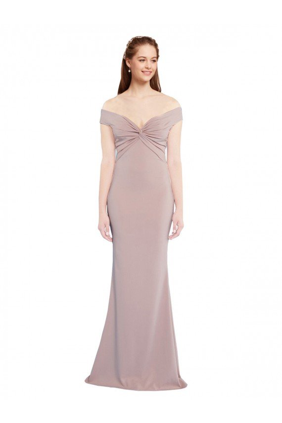Knotted Off the Shoulder Crepe Evening Dress with Cut-Out Back