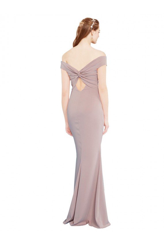 Knotted Off the Shoulder Crepe Evening Dress with Cut-Out Back