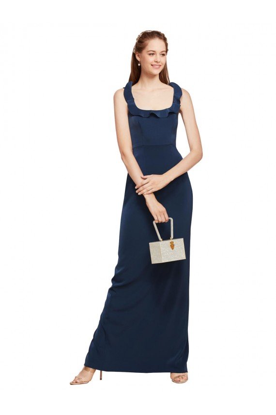 Scoop Neck with Ruffles Long Crepe Evening Dress with Back Slit