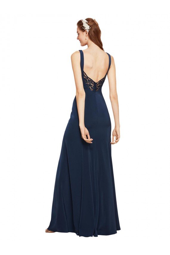 Fit and Flare Long Crepe Evening Dress with Round Neck