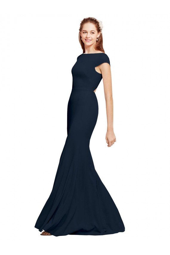 Fit and Flare Long Crepe Evening Dress with Tie Open Back