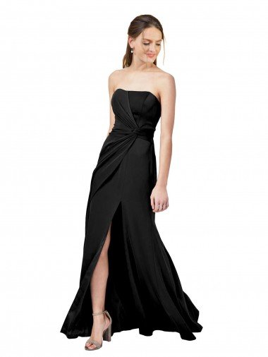 Strapless Fit and Flare Long Crepe Evening Dress with Knot and Slit UK