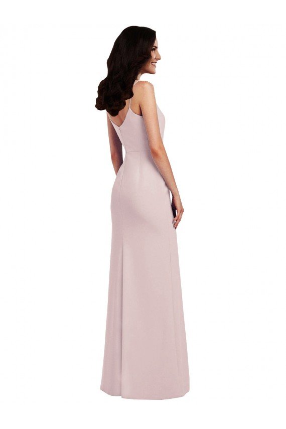 Spaghetti Strap V Back Crepe Evening Dress with Front Slit
