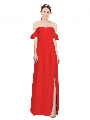Double Ruffle Flounce Sleeves Crepe Evening Dress with Slit UK