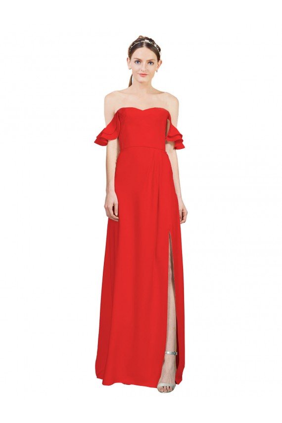 Double Ruffle Flounce Sleeves Crepe Evening Dress with Slit