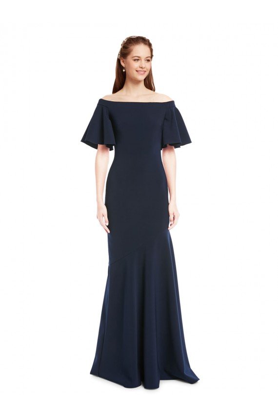 Off the Shoulder Crepe Evening Dress with Short Ruffle Sleeves.