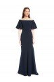Off the Shoulder Crepe Evening Dress with Short Ruffle Sleeves.