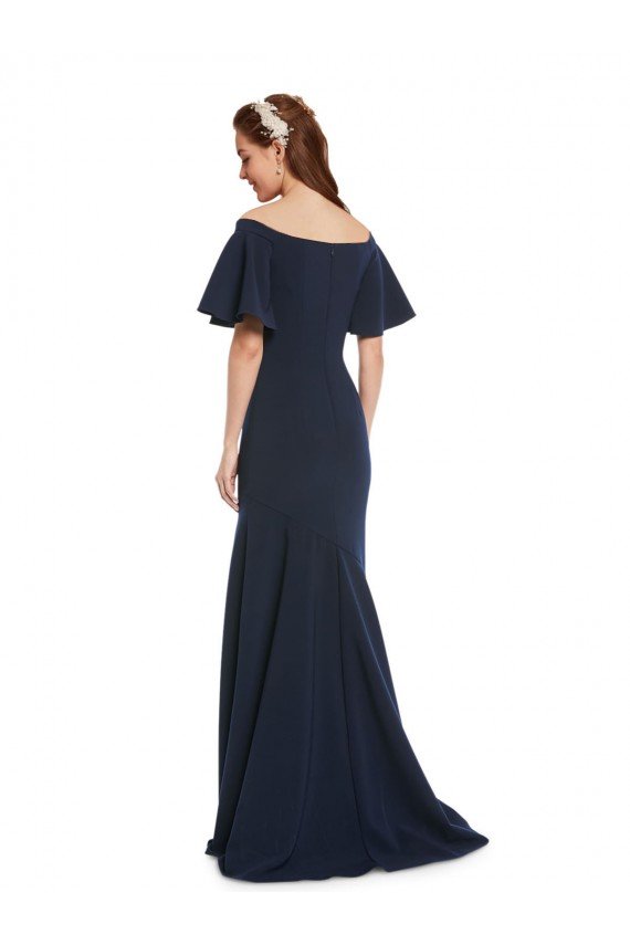 Off the Shoulder Crepe Evening Dress with Short Ruffle Sleeves.